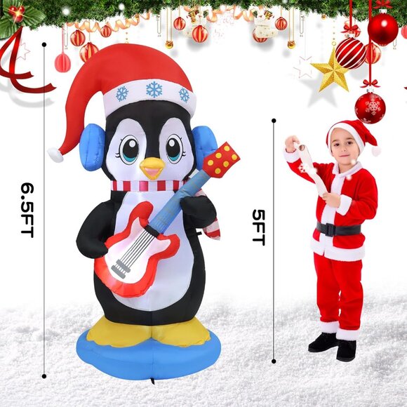 6FT Christmas Inflatable Penguin with Guitar LED Lights for Yard Patio Decor - Picture 4 of 7